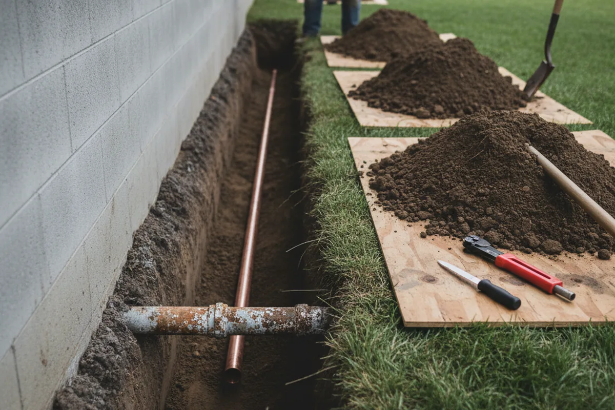 Excavated water line trench during Water Softener Installation in Mingo Junction